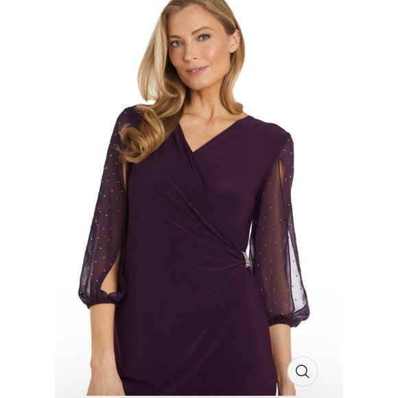 NWT R&M‎ Richards Plum Cocktail Dress W/ Sheer Balloon Sleeves Studs Size 6P - Picture 3 of 5